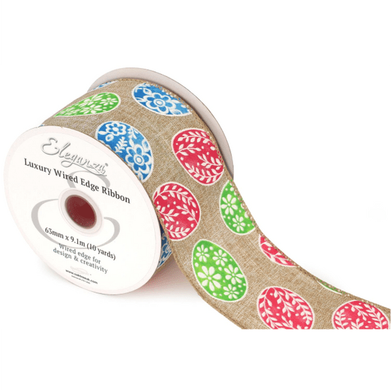 Easter Eggs Natural Wired Edge Ribbon 63mm x  9m (Eleganza) | Free Delivery