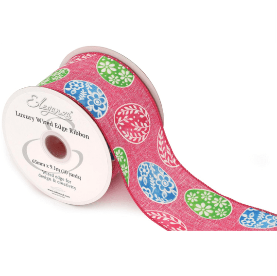 Easter Eggs Pink Wired Edge Ribbon 63mm x  9m (Eleganza) | Free Delivery