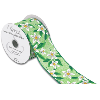 Floral Pattern Green Wired Edge Ribbon 63mm x 9m (Eleganza) 1pc