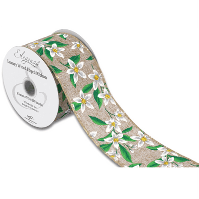 Floral Pattern Natural Wired Edge Ribbon 63mm x 9m (Eleganza) 1pc