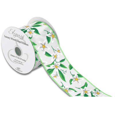 Floral Pattern White Wired Edge Ribbon 63mm x 9m (Eleganza) 1pc