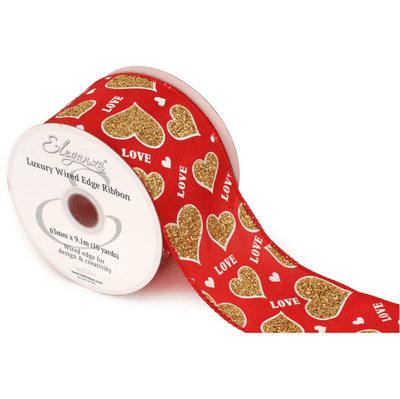 Gold Glitter Hearts Red Wired Edge Ribbon 63mm x 9m (Eleganza) 1pc
