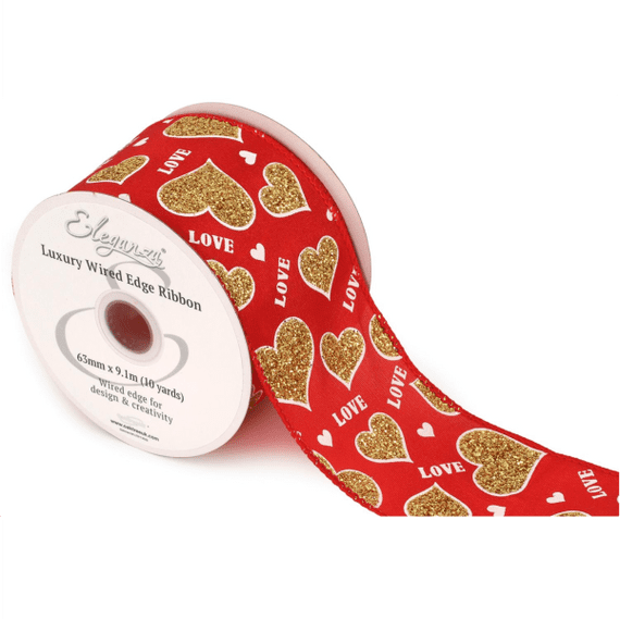 Gold Glitter Hearts Red Wired Edge Ribbon 63mm x  9m (Eleganza) | Free Delivery