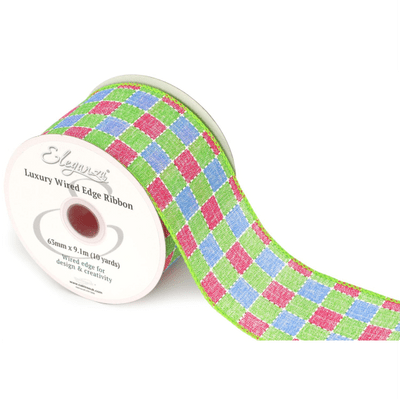 Green Pink & Blue Chequered Wired Edge Ribbon 63mm x 9m (Eleganza) 1pc