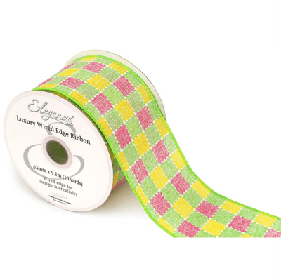 Green Pink & Yellow Chequered Wired Edge Ribbon 63mm x 9m (Eleganza) 1pc