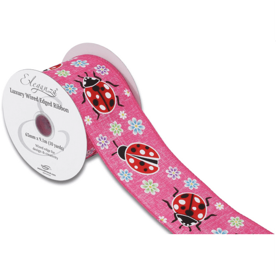 Ladybird Floral Fuchsia Wired Edge Ribbon 63mm x  9m (Eleganza) | Free Delivery