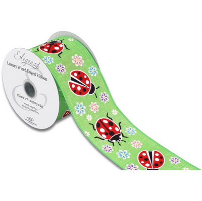 Ladybird Floral Lime Green Wired Edge Ribbon 63mm x 9m (Eleganza) 1pc