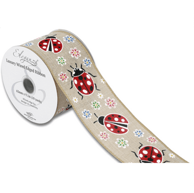 Ladybird Floral Natural Wired Edge Ribbon 63mm x 9m (Eleganza) 1pc