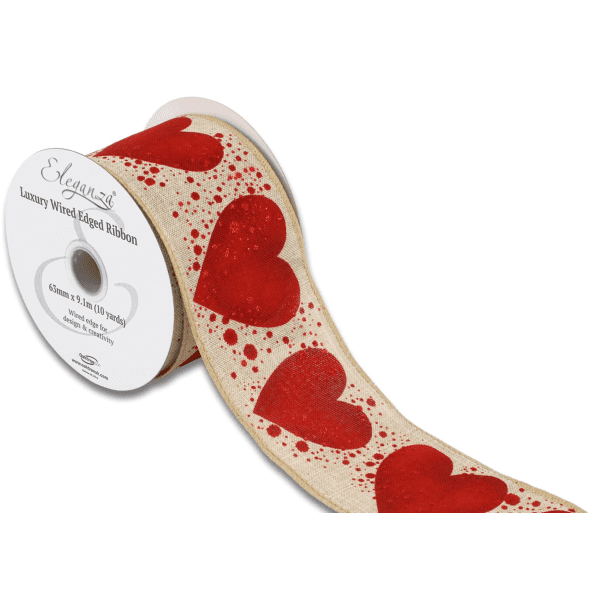 Large Hearts Natural Wired Edge Ribbon 63mm x 9m (Eleganza) | Free Delivery