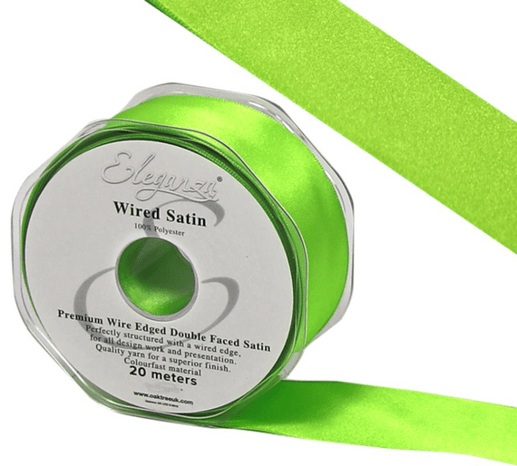 Lime Green Wired Edge Double Faced Satin Ribbon 25mm x 20m | Wholesale