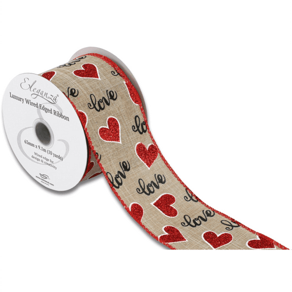 Love & Hearts Natural Wired Edge Ribbon 63mm x  9m (Eleganza) | Free Delivery