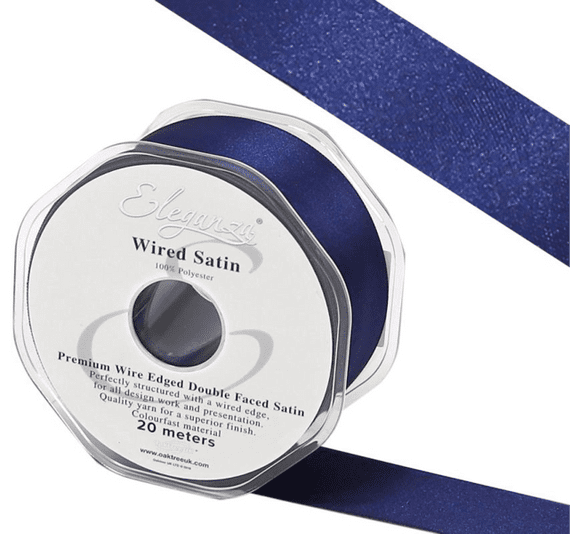 Navy Blue Wired Edge Double Faced Satin Ribbon 25mm x 20m | Wholesale