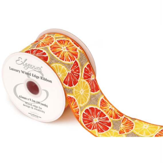 Orange Slices Natural Wired Edge Ribbon 63mm x  9m (Eleganza) | Free Delivery