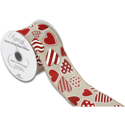Patterned Hearts Natural Wired Edge Ribbon 63mm x 9m (Eleganza) 1pc