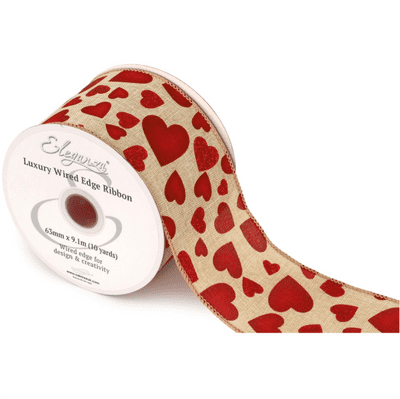 Red Hearts Natural Wired Edge Ribbon 63mm x 9m (Eleganza) 1pc