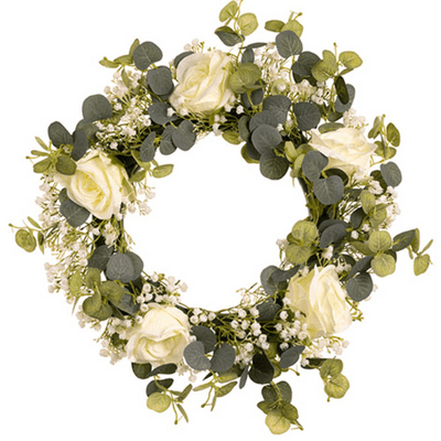 Rose Wreath (Eucalyptus & White) 45cm (Eleganza) 1pc