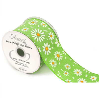 White Daisies Green Wired Edge Ribbon 63mm x 9m (Eleganza) 1pc
