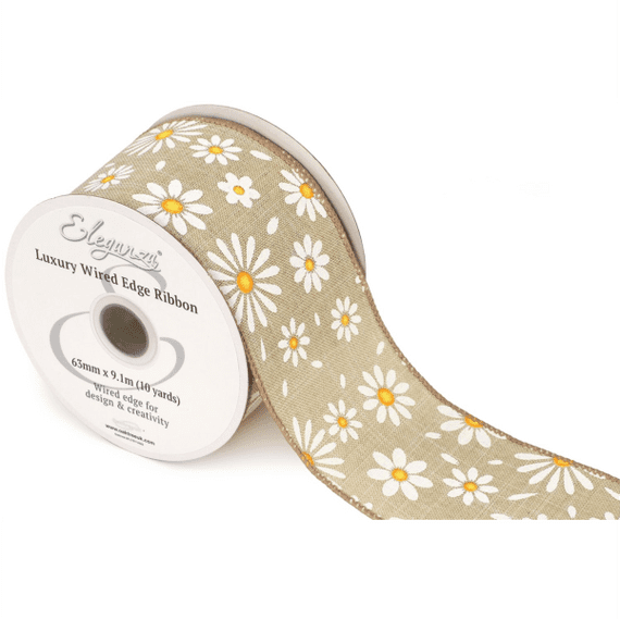 White Daisies Natural Wired Edge Ribbon 63mm x  9m (Eleganza) | Free Delivery
