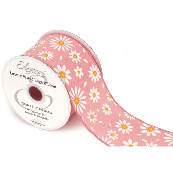 White Daisies Pink Wired Edge Ribbon 63mm x  9m (Eleganza) | Free Delivery