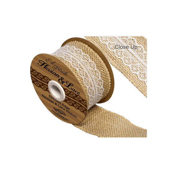 Woven Edge Hessian & Lace White 50mm x 5 yards