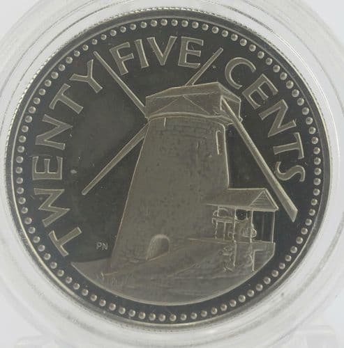 1973 Coin of Barbados 25 cents coin Morgan Lewis windmill