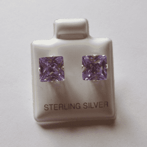 7mm square Princess cut Lavender Cubic Zirconia Sterling silver Stud earrings