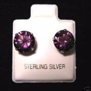 8mm Cubic Zirconia Amethyst February Birthstone Sterling Silver Stud Earrings
