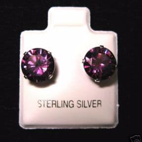 8mm Cubic Zirconia Amethyst February Birthstone Sterling Silver Stud Earrings