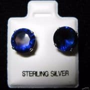 8mm Round Blue Sapphire Cubic Zirconia Birthstone Silver Stud Earrings
