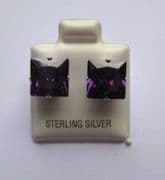 9mm square Princess cut Amethyst Cubic Zirconia Sterling silver Stud earrings