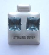 9mm square Princess cut Aquamarine Cubic Zirconia Sterling silver Stud earrings