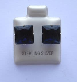 9mm square Princess cut Blue Sapphire Cubic Zirconia Sterling silver Stud earrings