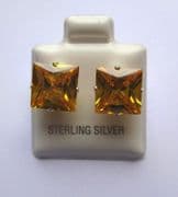 9mm square Princess cut Citrine Cubic Zirconia Sterling silver Stud earrings