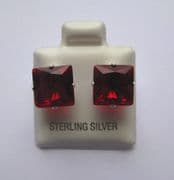 9mm square Princess cut Garnet Cubic Zirconia Sterling silver Stud earrings
