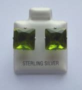 9mm square Princess cut Peridot Cubic Zirconia Sterling silver Stud earrings
