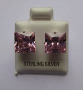 9mm square Princess cut Pink Cubic Zirconia Sterling silver Stud earrings