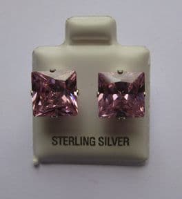 9mm square Princess cut Pink Cubic Zirconia Sterling silver Stud earrings