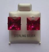9mm square Princess cut Ruby Cubic Zirconia Sterling silver stud earrings