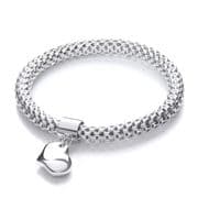 J-Jaz Rhodium plated Sterling silver flexible mesh bracelet with heart charm