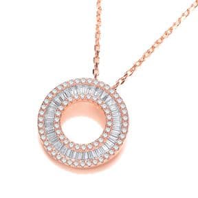 J-Jaz Rose gold plated Sterling Silver Circle of Life pendant with 17 inch Cubic Zirconia Baguette
