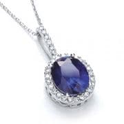 Sterling Silver Blue Cubic Zirconia Oval Halo J-Jaz Pendant with 18" Chain