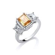 Sterling silver citrine and clear Cubic Zirconia trilogy halo ring