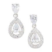 Sterling silver clear cubic zirconia double pear cut halo drop stud earrings