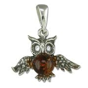 Sterling silver Cognac amber set owl pendant