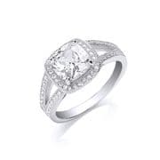 Sterling silver cushion cut Cubic Zirconia halo ring with split shank