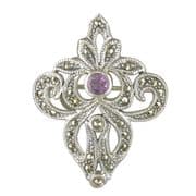 Sterling Silver Fancy Marcasite and Amethyst Brooch