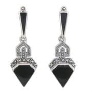 Sterling Silver Marcasite and Onyx Geometric Art Deco Style Drop Stud Earrings