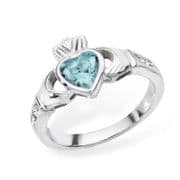 Sterling silver rubover set Aquamarine cubic zirconia claddagh ring