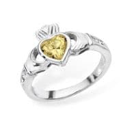 Sterling silver rubover set citrine cubic zirconia claddagh ring