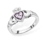 Sterling silver rubover set lavender cubic zirconia claddagh ring